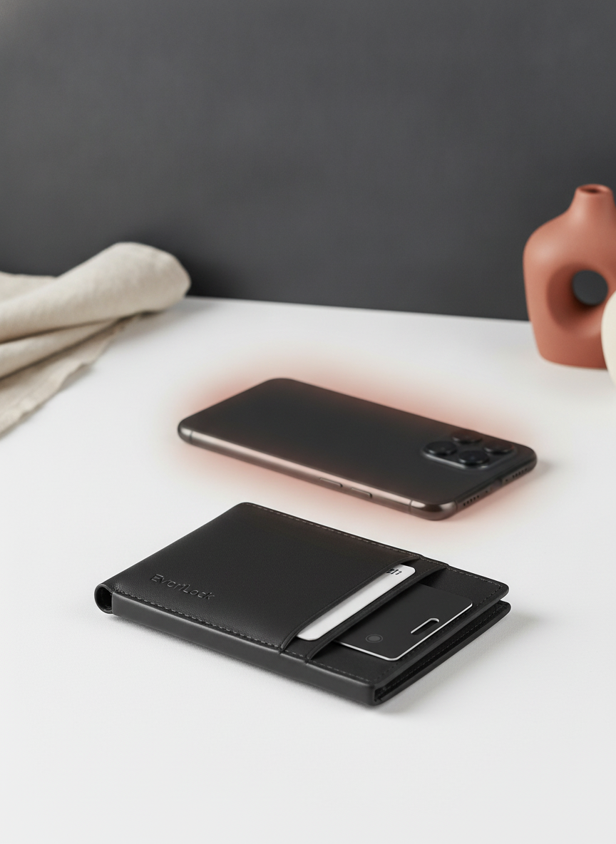 EvoriLock Smartcard, 1.7mm thick, in a wallet with a smartphone behind it, implying wireless charging. Clean, modern aestheti